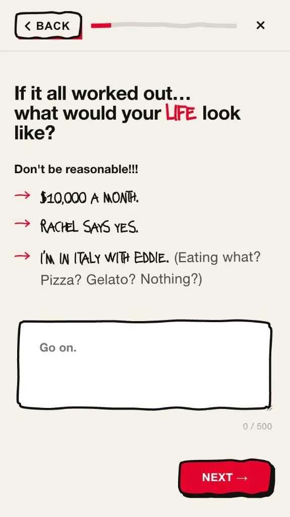 Screenshot of the form: If it all worked out... what would your LIFE look like? Don't be reasonable!!! $10,000 a month. Rachel says yes. I'm in Italy with Eddie.