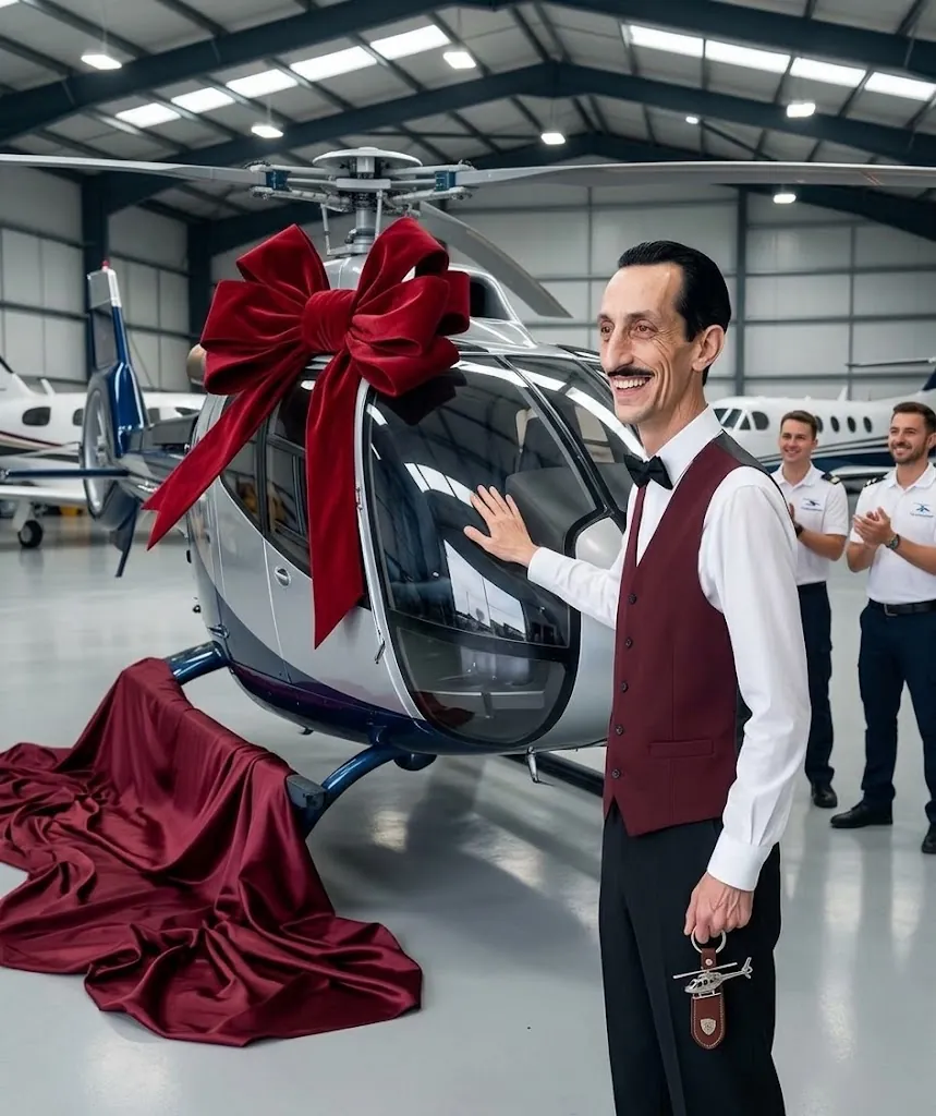 A man standing next to a helicopter wrapped with a giant red bow.
