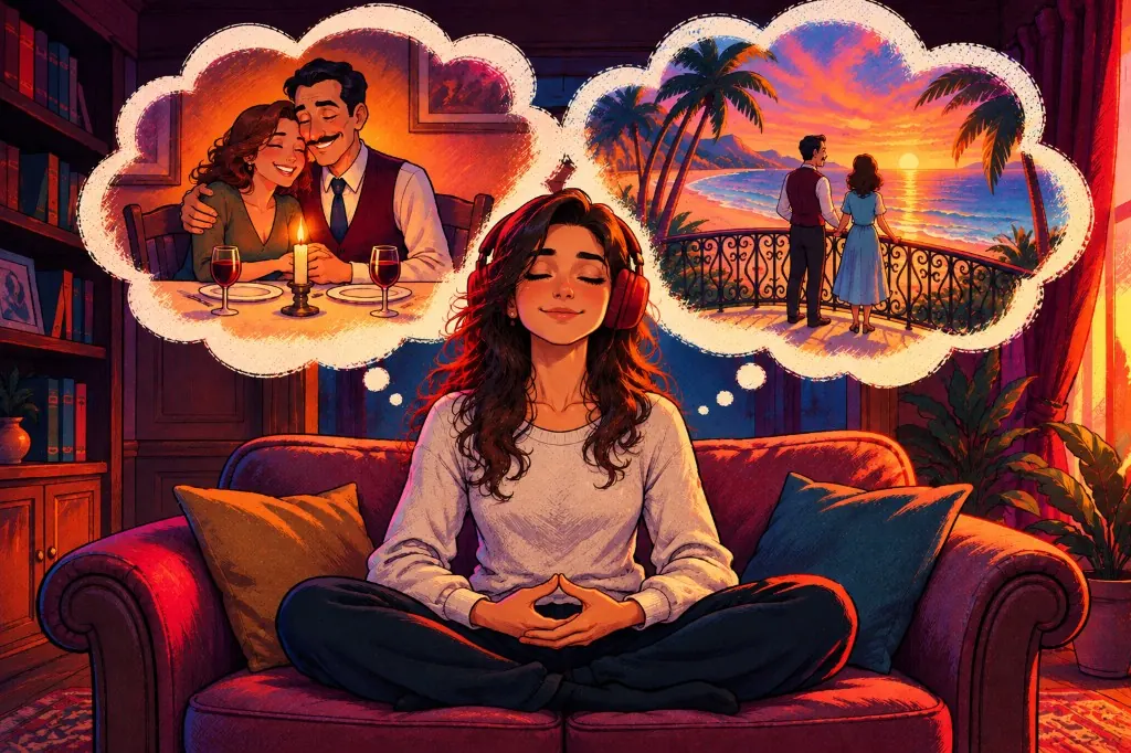 A woman with headphones on a couch, eyes closed, imagining a candlelit dinner and a sunset on a beach balcony