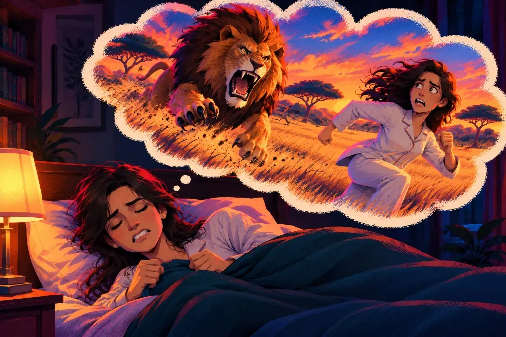 A woman asleep, dreaming that a lion is chasing her across the savanna
