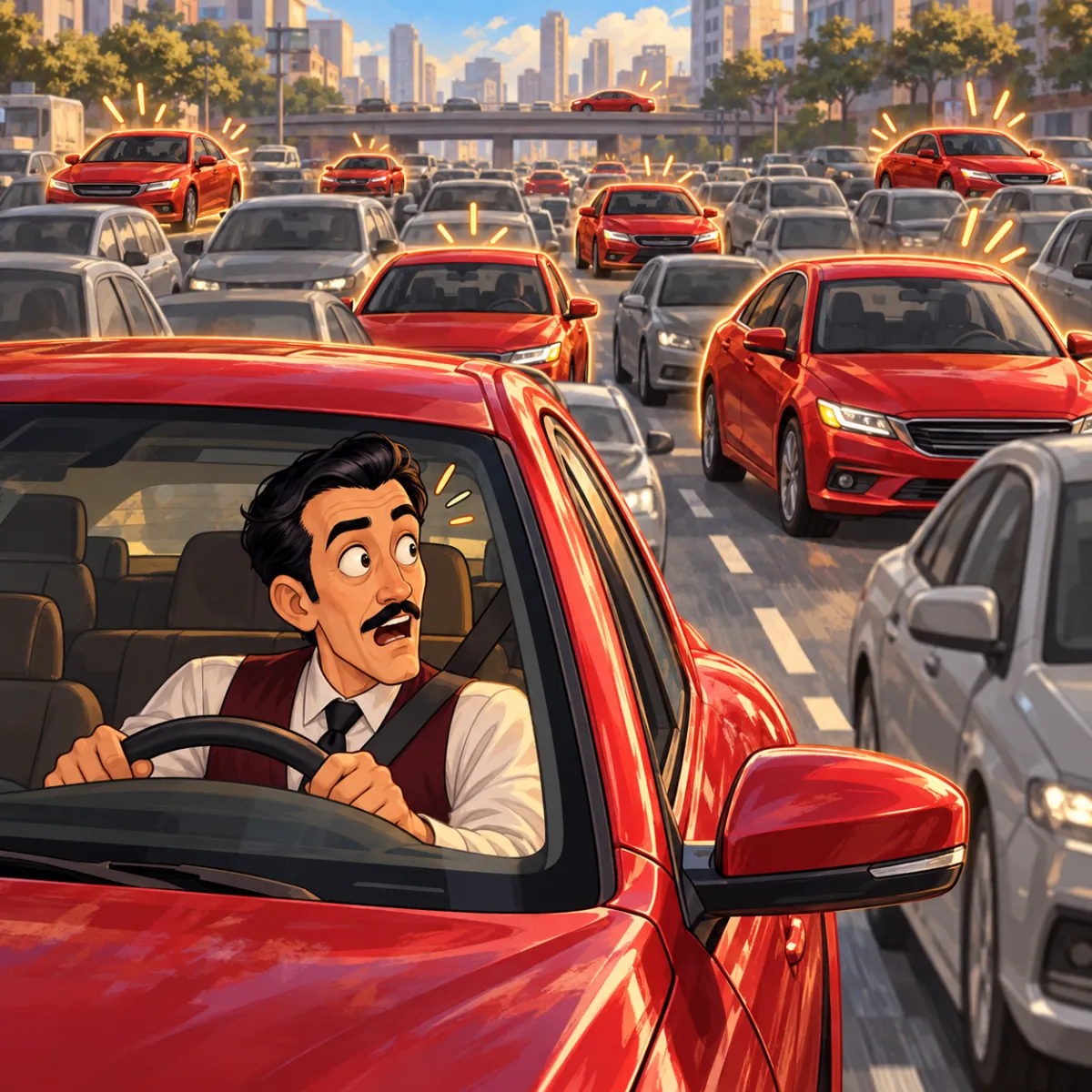 A man driving his red car, stuck in traffic where every other car is also red.