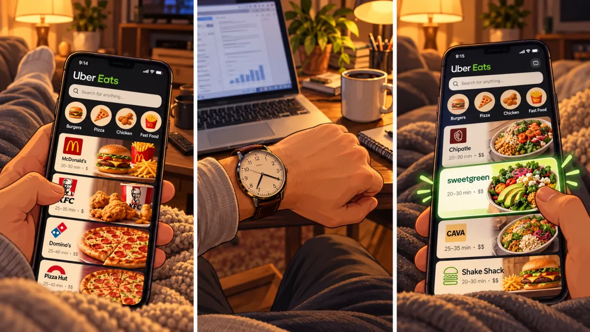 Hands holding a phone with a food delivery app open.