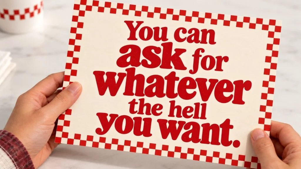 Hands holding a red-and-cream diner card that reads: You can ask for whatever the hell you want.
