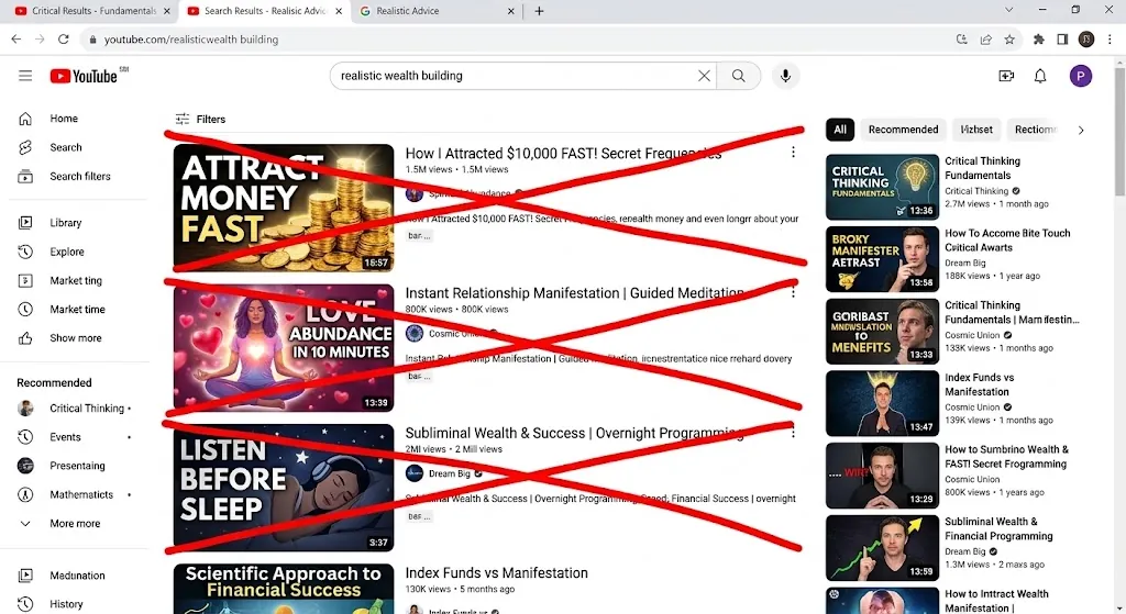 YouTube search results for manifestation videos, crossed out in red.